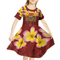 Aloha Plumeria Flowers Kid Short Sleeve Dress With Hawaiian Style Tapa Tribal