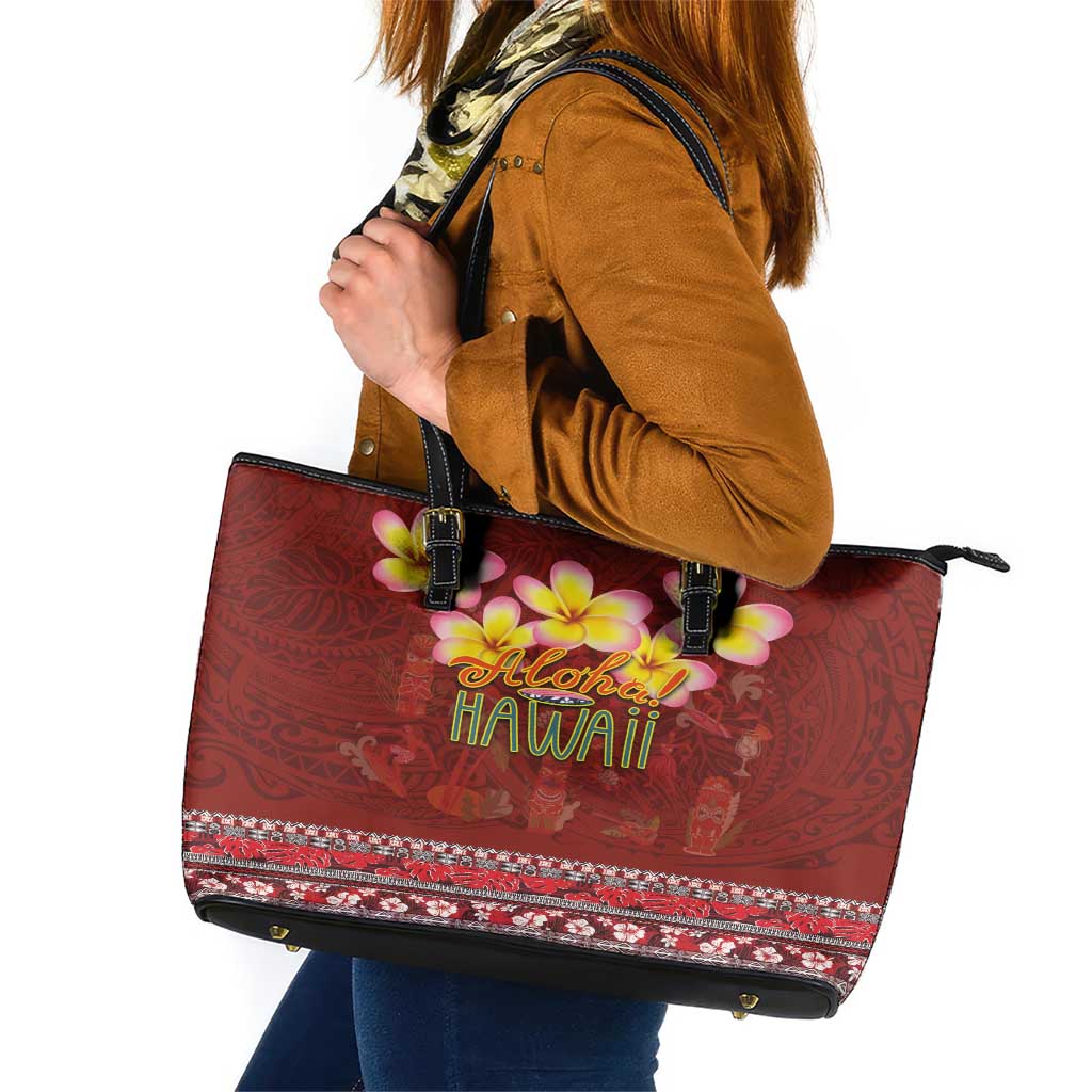 Aloha Plumeria Flowers Leather Tote Bag With Hawaiian Style Tapa Tribal LT03 Red - Polynesian Pride