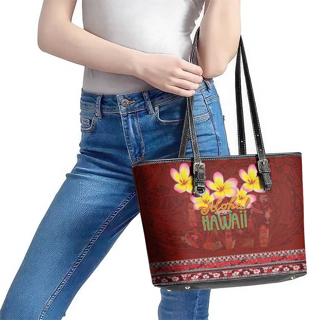 Aloha Plumeria Flowers Leather Tote Bag With Hawaiian Style Tapa Tribal LT03 - Polynesian Pride
