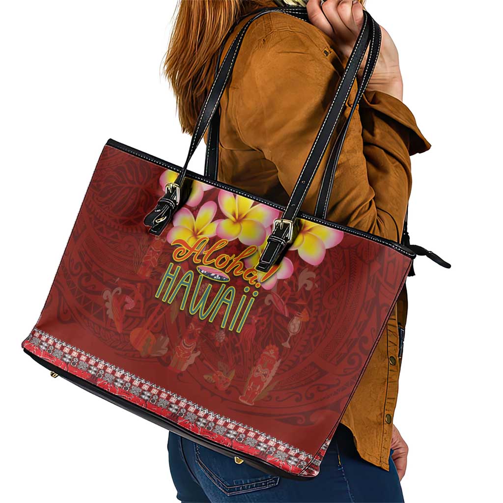 Aloha Plumeria Flowers Leather Tote Bag With Hawaiian Style Tapa Tribal LT03 - Polynesian Pride