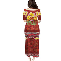 Aloha Plumeria Flowers Puletasi With Hawaiian Style Tapa Tribal