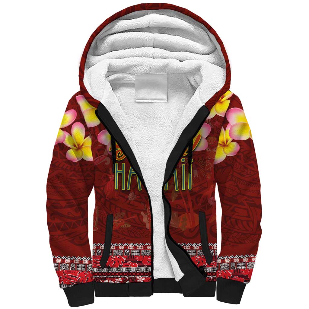 Aloha Plumeria Flowers Sherpa Hoodie With Hawaiian Style Tapa Tribal