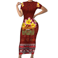 Aloha Plumeria Flowers Short Sleeve Bodycon Dress With Hawaiian Style Tapa Tribal