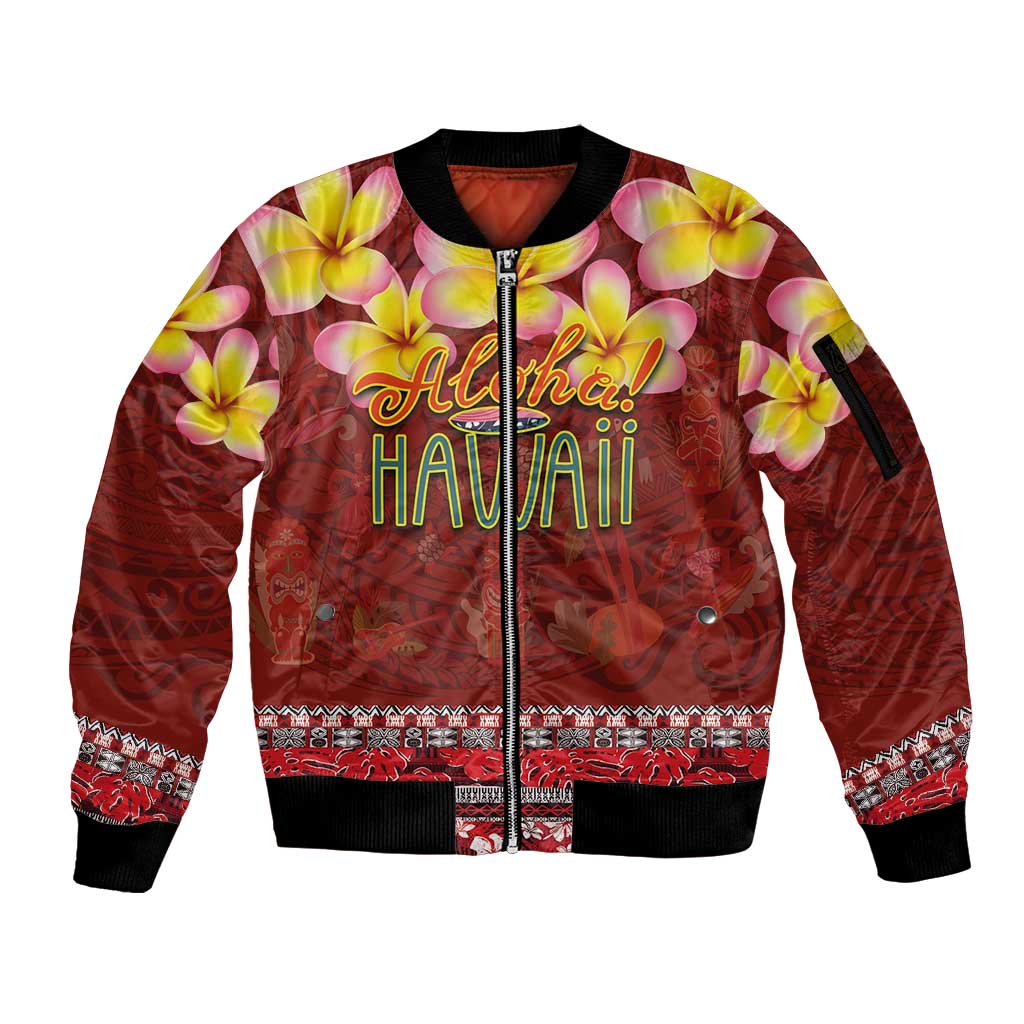 Aloha Plumeria Flowers Sleeve Zip Bomber Jacket With Hawaiian Style Tapa Tribal
