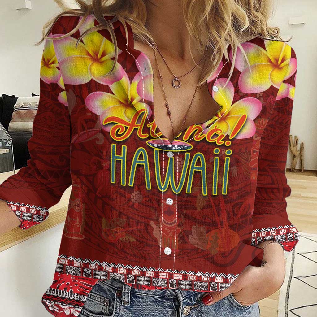 Aloha Plumeria Flowers Women Casual Shirt With Hawaiian Style Tapa Tribal