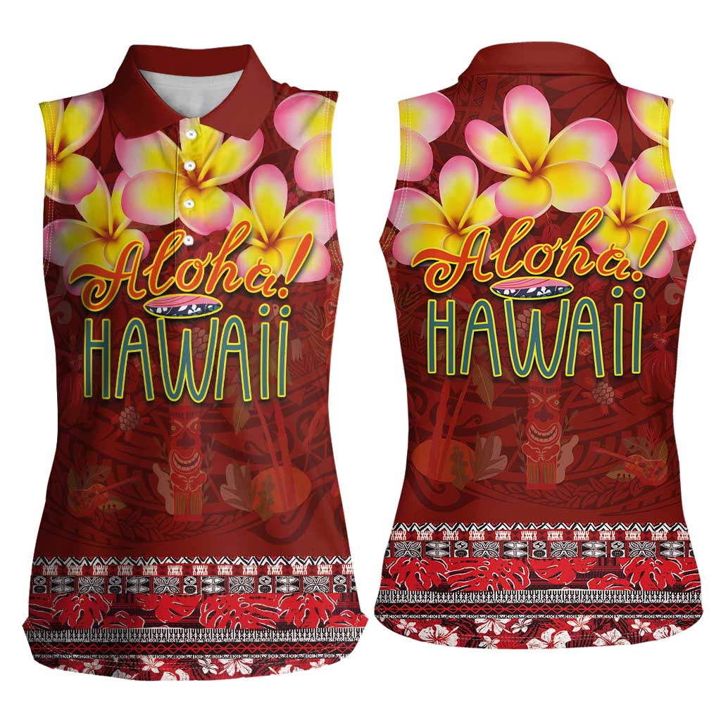 Aloha Plumeria Flowers Women Sleeveless Polo Shirt With Hawaiian Style Tapa Tribal