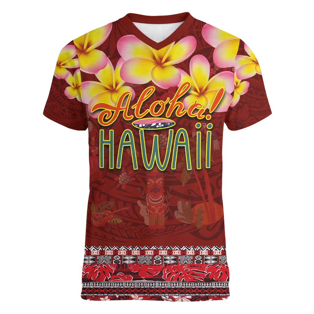 Aloha Plumeria Flowers Women V-Neck T-Shirt With Hawaiian Style Tapa Tribal LT03 Female Red - Polynesian Pride