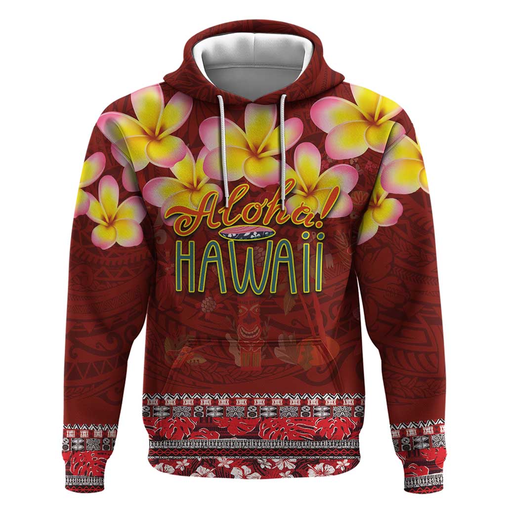 Aloha Plumeria Flowers Zip Hoodie With Hawaiian Style Tapa Tribal LT03 Pullover Hoodie Red - Polynesian Pride