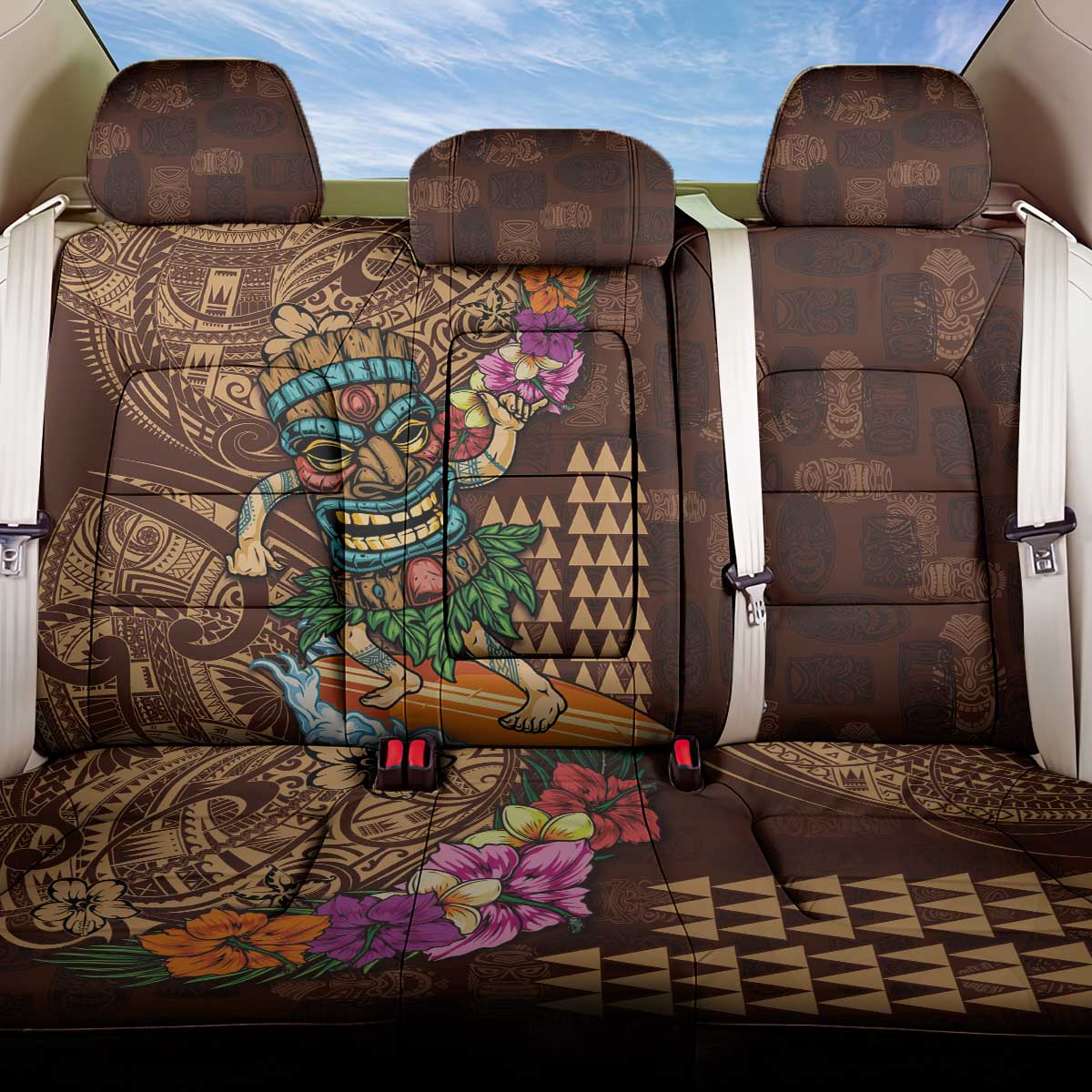 Hawaiian Tiki Mask Surfing Kakau Pattern Back Car Seat Cover