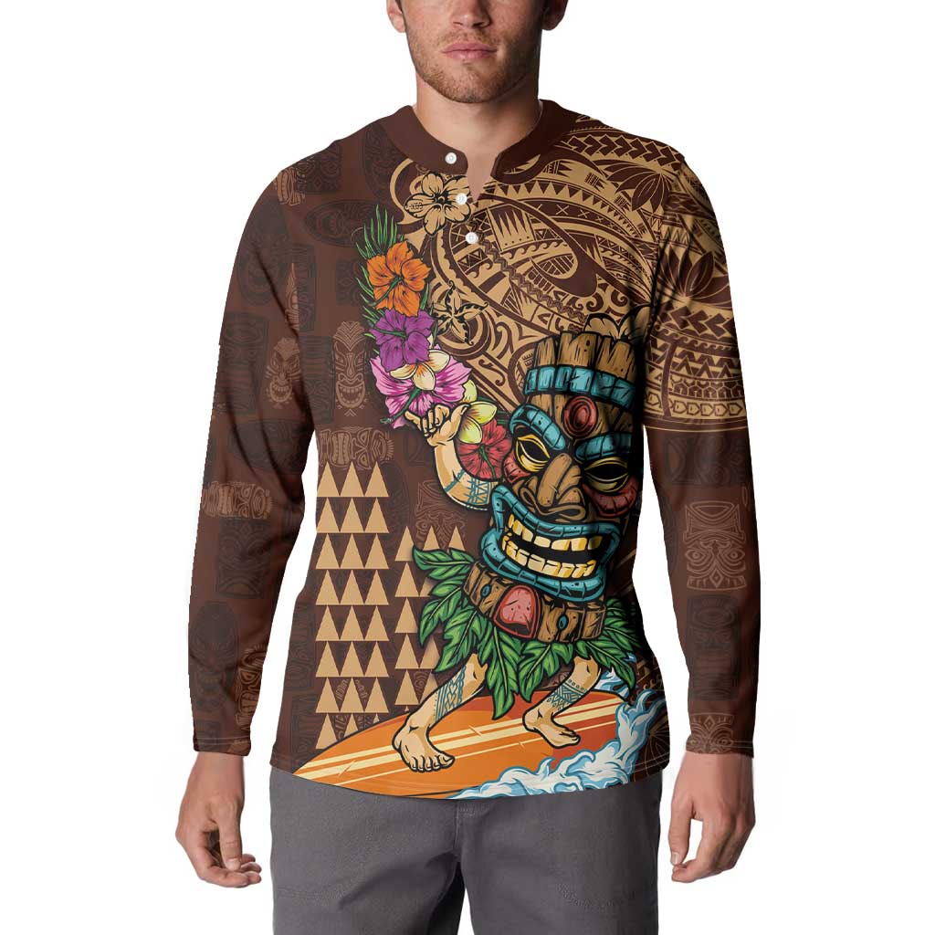 Hawaiian Tiki Mask Surfing Kakau Pattern Button Sweatshirt