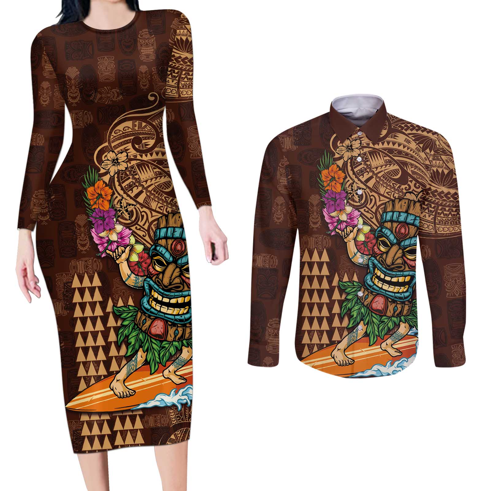 Hawaiian Tiki Mask Surfing Kakau Pattern Couples Matching Long Sleeve Bodycon Dress and Long Sleeve Button Shirt