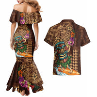 Hawaiian Tiki Mask Surfing Kakau Pattern Couples Matching Mermaid Dress and Hawaiian Shirt