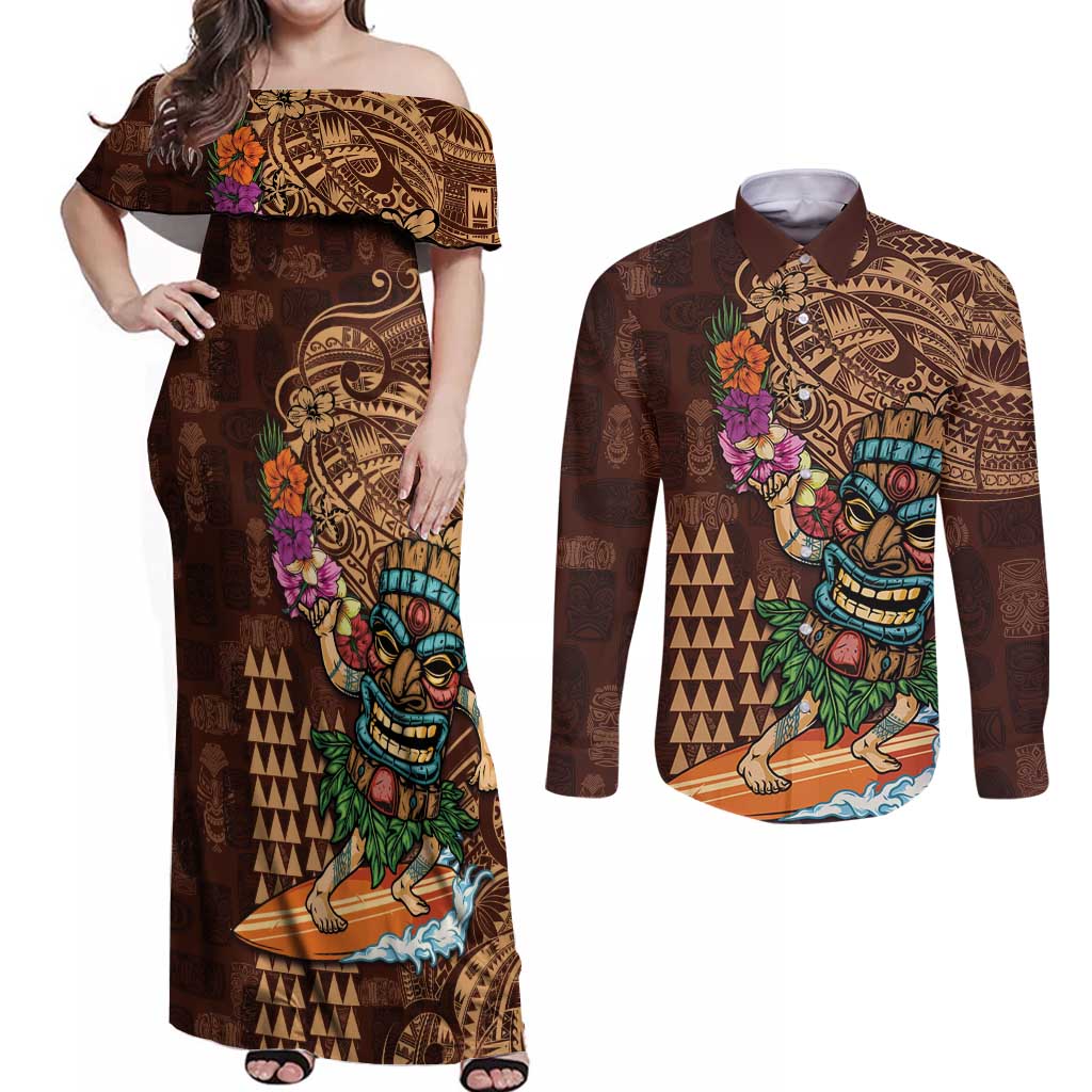 Hawaiian Tiki Mask Surfing Kakau Pattern Couples Matching Off Shoulder Maxi Dress and Long Sleeve Button Shirt