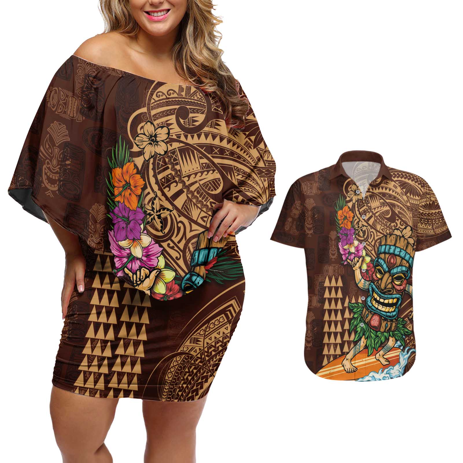 Hawaiian Tiki Mask Surfing Kakau Pattern Couples Matching Off Shoulder Short Dress and Hawaiian Shirt