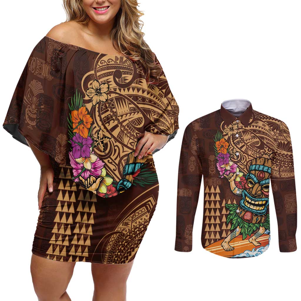 Hawaiian Tiki Mask Surfing Kakau Pattern Couples Matching Off Shoulder Short Dress and Long Sleeve Button Shirt