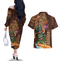 Hawaiian Tiki Mask Surfing Kakau Pattern Couples Matching Off The Shoulder Long Sleeve Dress and Hawaiian Shirt