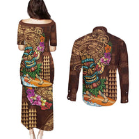 Hawaiian Tiki Mask Surfing Kakau Pattern Couples Matching Puletasi and Long Sleeve Button Shirt