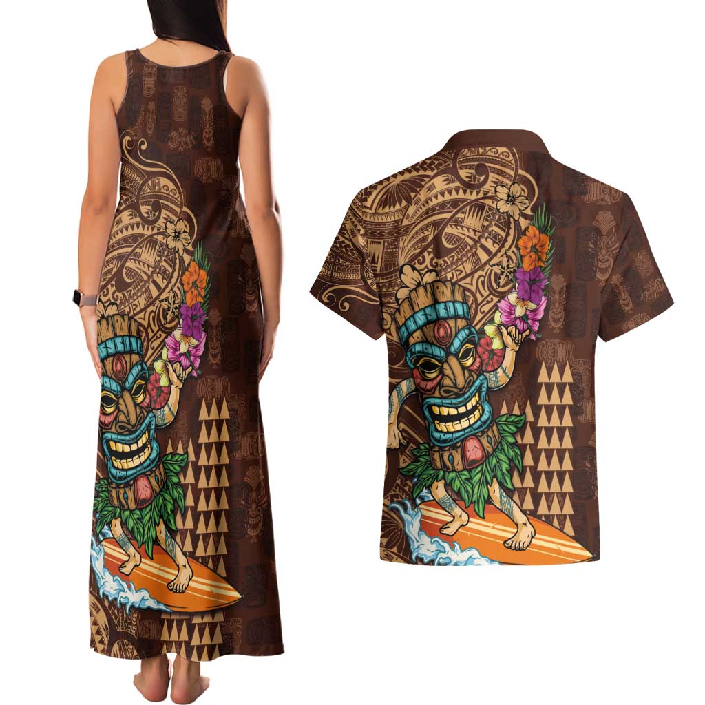 Hawaiian Tiki Mask Surfing Kakau Pattern Couples Matching Tank Maxi Dress and Hawaiian Shirt