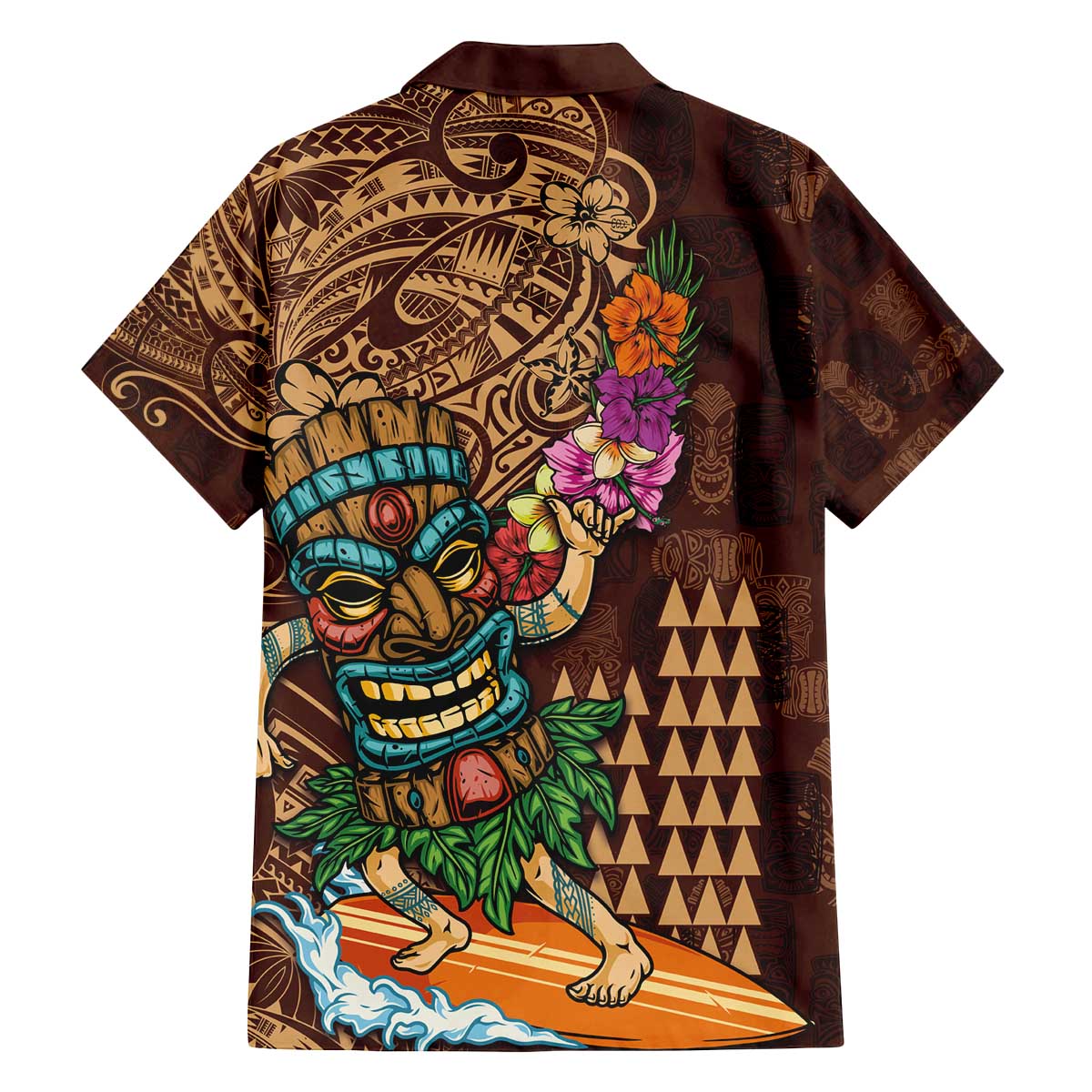 Hawaiian Tiki Mask Surfing Kakau Pattern Family Matching Off Shoulder Short Dress and Hawaiian Shirt
