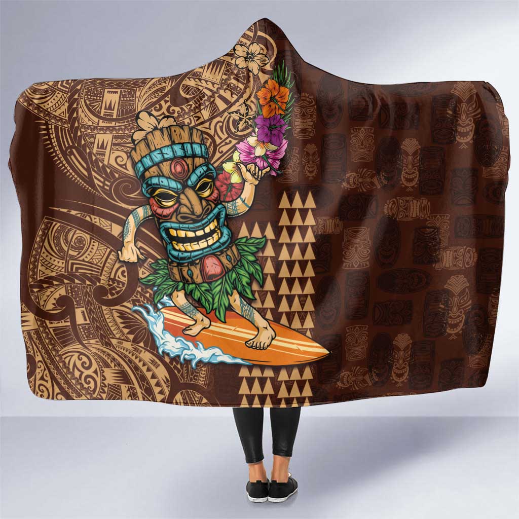 Hawaiian Tiki Mask Surfing Kakau Pattern Hooded Blanket