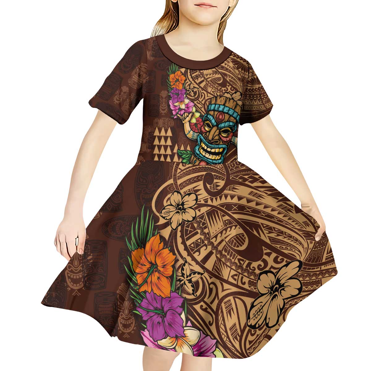 Hawaiian Tiki Mask Surfing Kakau Pattern Kid Short Sleeve Dress