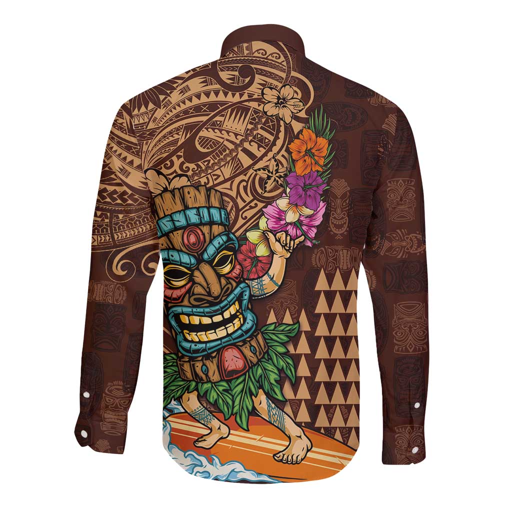 Hawaiian Tiki Mask Surfing Kakau Pattern Long Sleeve Button Shirt