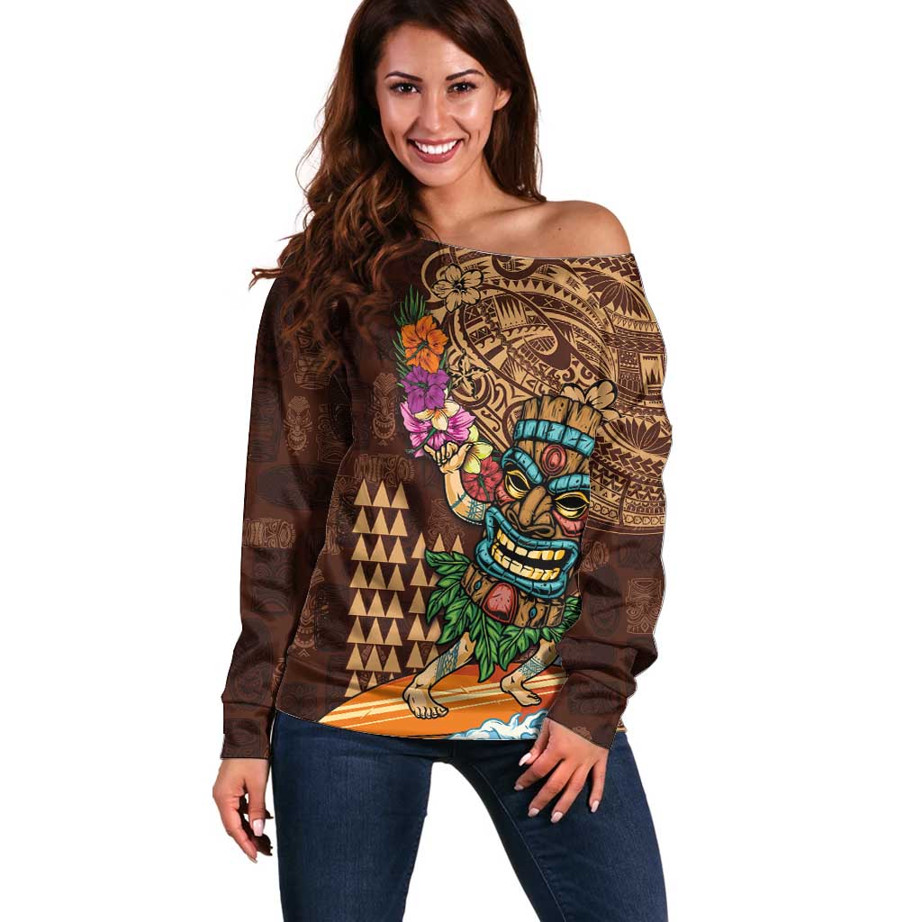 Hawaiian Tiki Mask Surfing Kakau Pattern Off Shoulder Sweater