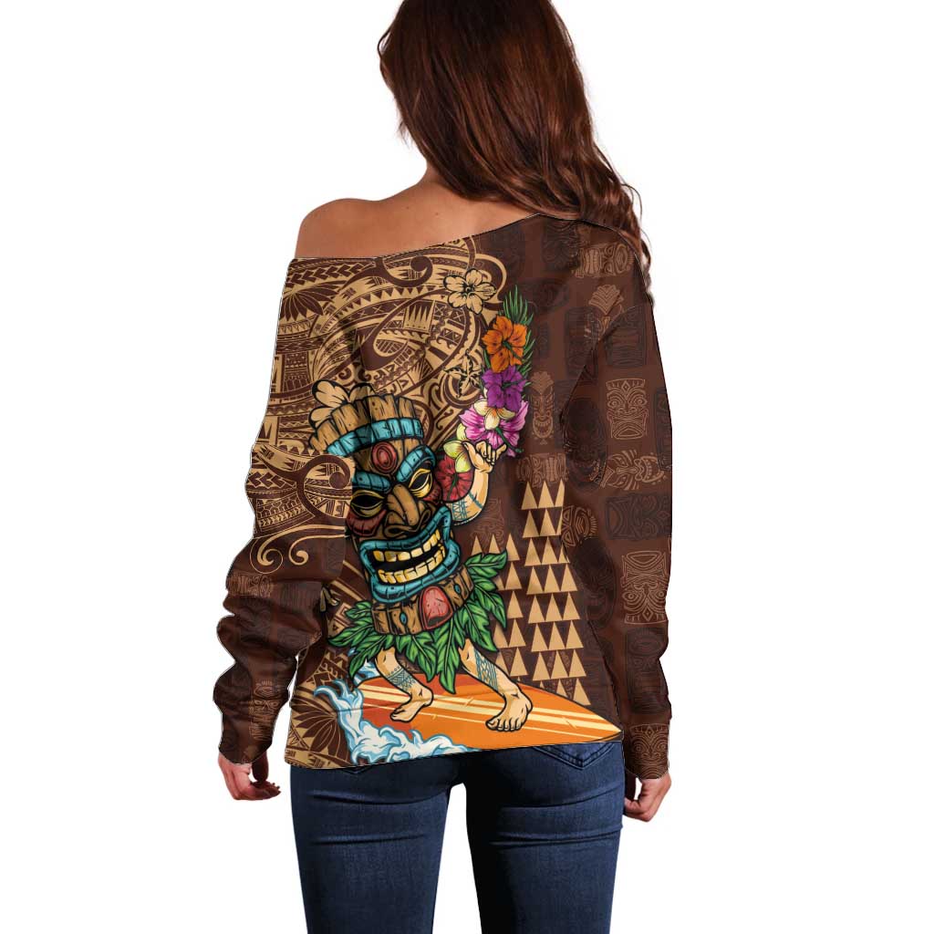 Hawaiian Tiki Mask Surfing Kakau Pattern Off Shoulder Sweater