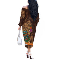 Hawaiian Tiki Mask Surfing Kakau Pattern Off The Shoulder Long Sleeve Dress