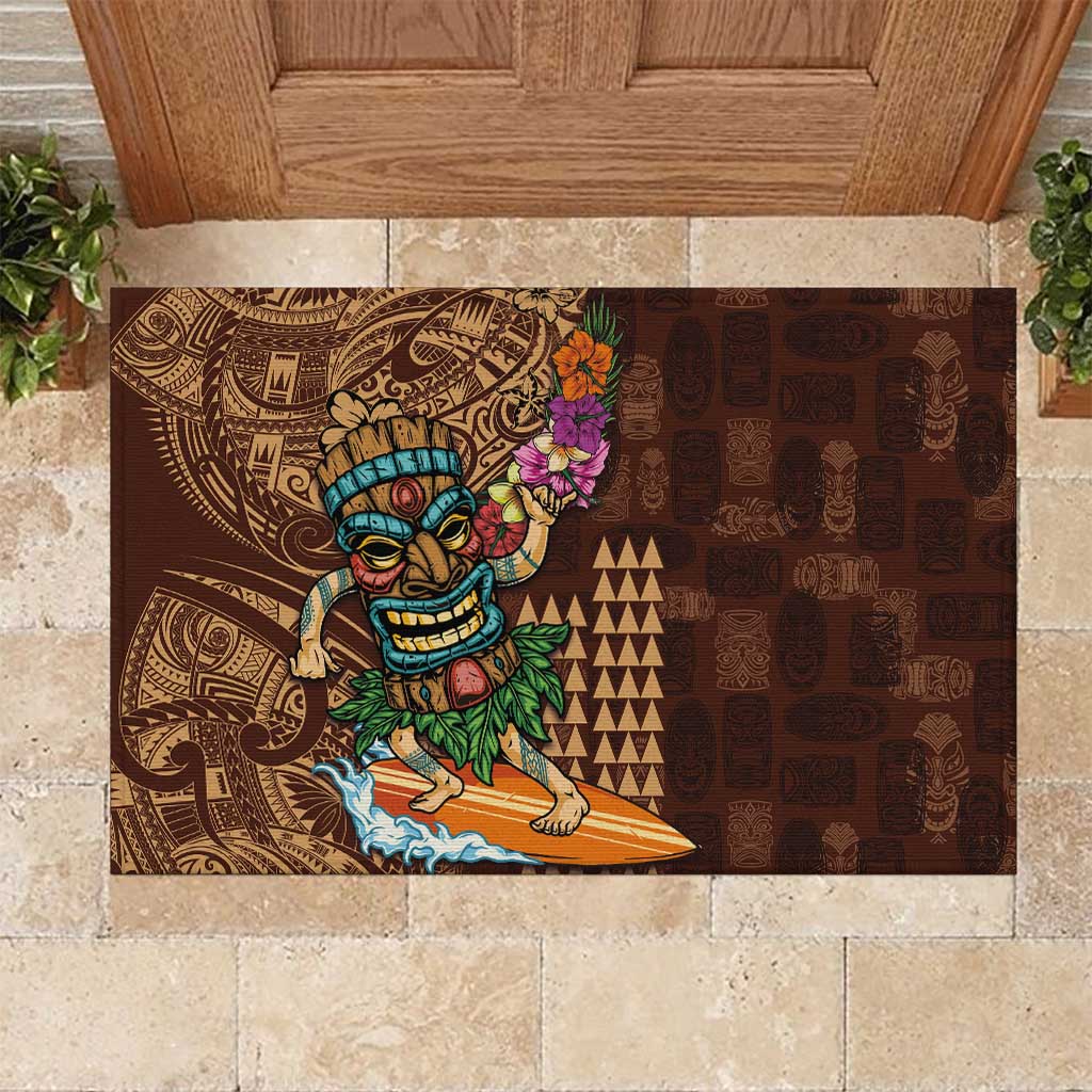 Hawaiian Tiki Mask Surfing Kakau Pattern Rubber Doormat