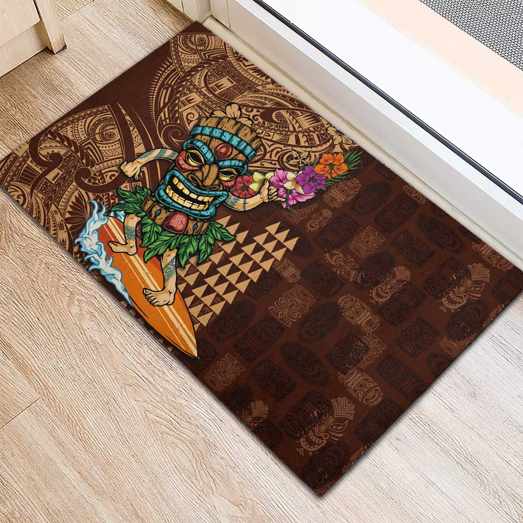 Hawaiian Tiki Mask Surfing Kakau Pattern Rubber Doormat