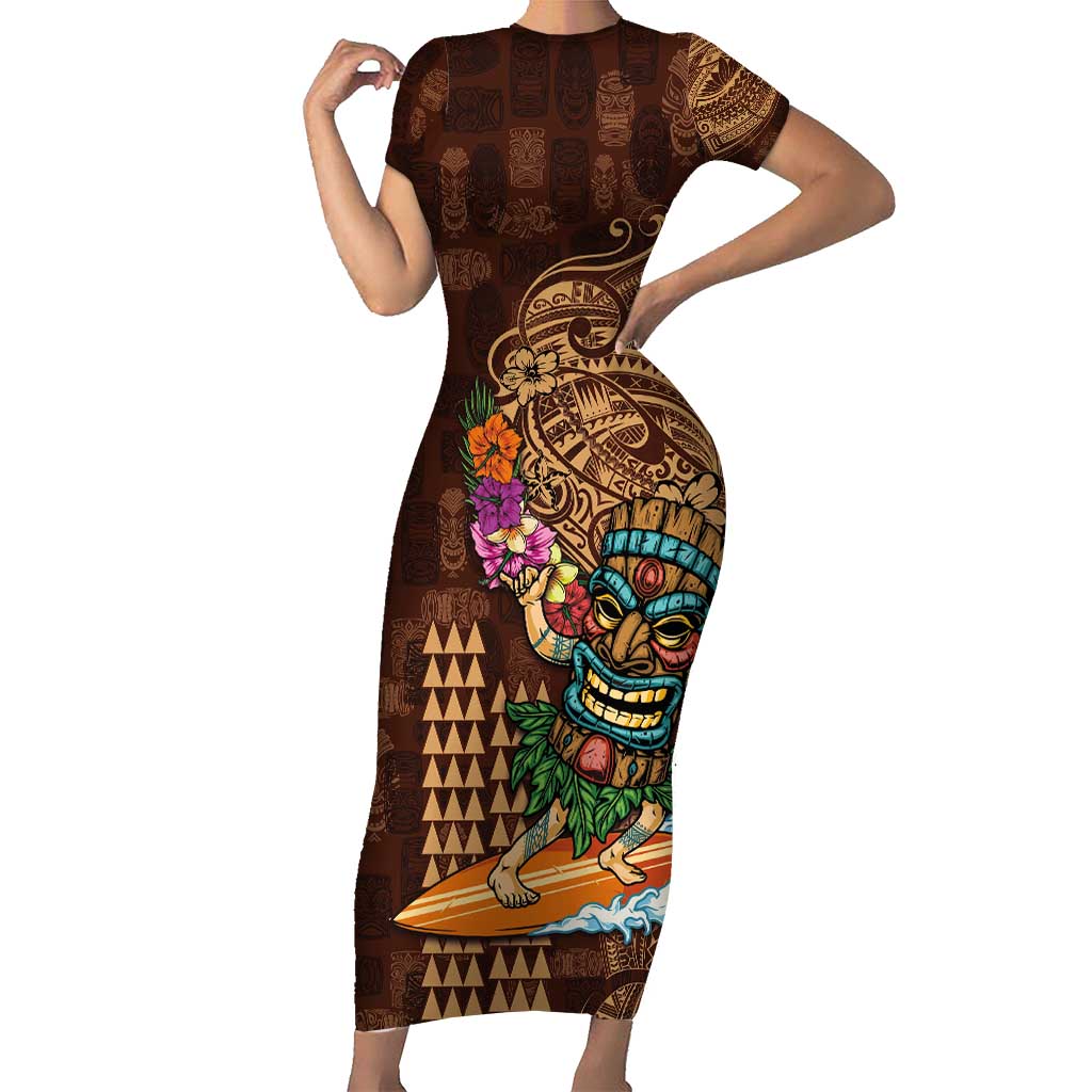 Hawaiian Tiki Mask Surfing Kakau Pattern Short Sleeve Bodycon Dress