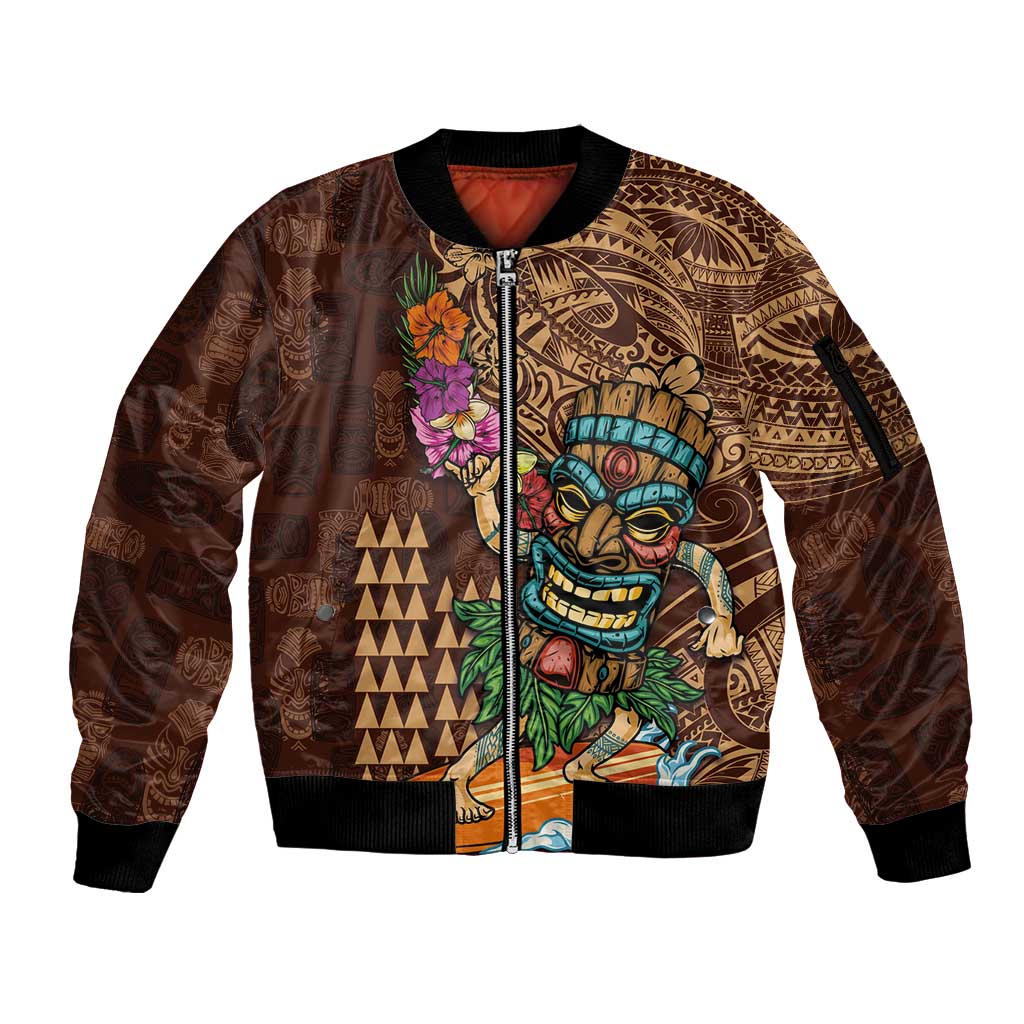Hawaiian Tiki Mask Surfing Kakau Pattern Sleeve Zip Bomber Jacket