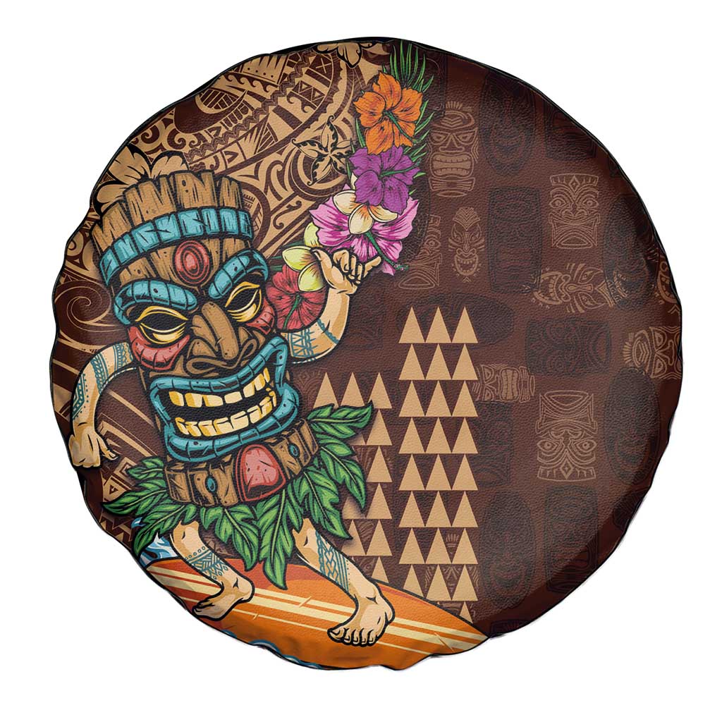 Hawaiian Tiki Mask Surfing Kakau Pattern Spare Tire Cover