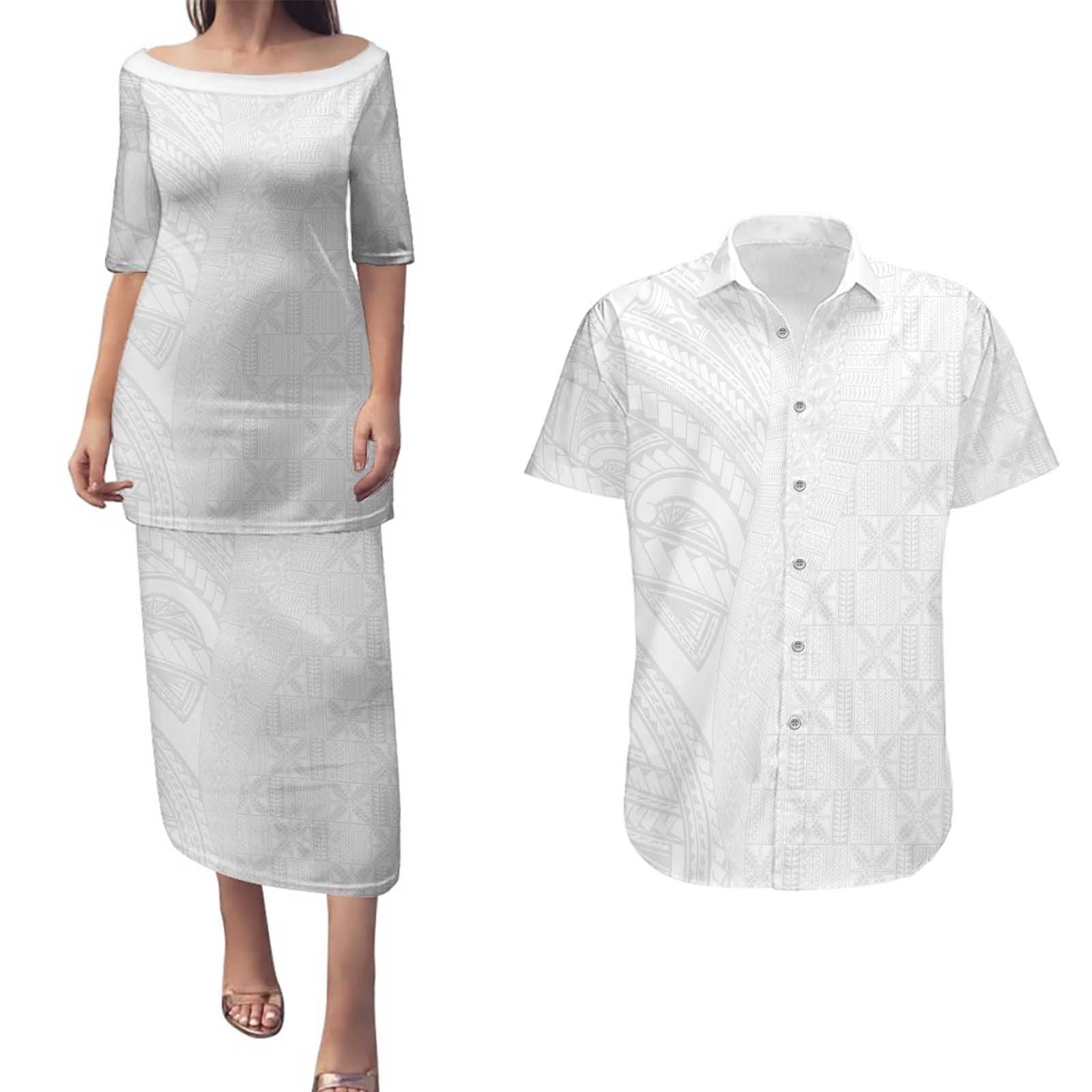 Niue White Sunday Couples Matching Puletasi and Hawaiian Shirt Hiapo Tribal Art Tattoos - Polynesian Pride