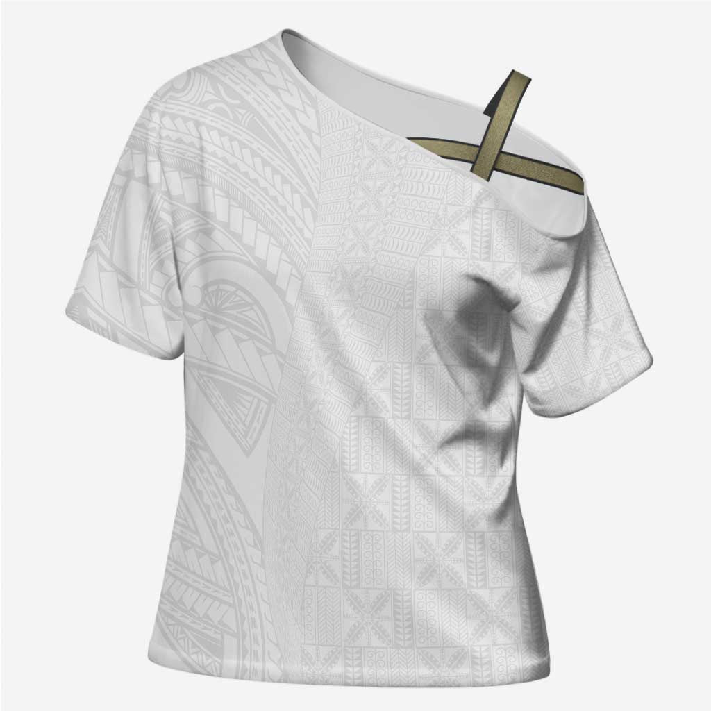 Niue White Sunday Cross Shoulder Shirt Hiapo Tribal Art Tattoos - Polynesian Pride
