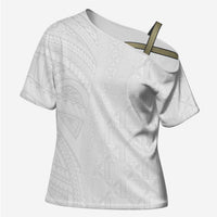 Niue White Sunday Cross Shoulder Shirt Hiapo Tribal Art Tattoos - Polynesian Pride
