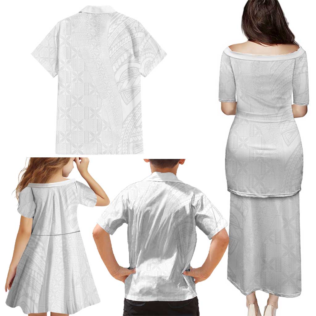 Niue White Sunday Family Matching Puletasi and Hawaiian Shirt Hiapo Tribal Art Tattoos - Polynesian Pride