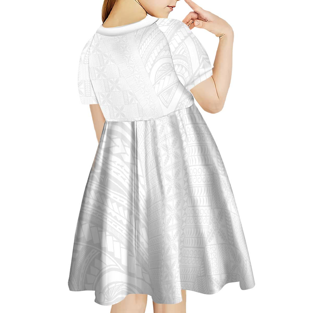 Niue White Sunday Kid Short Sleeve Dress Hiapo Tribal Art Tattoos - Polynesian Pride