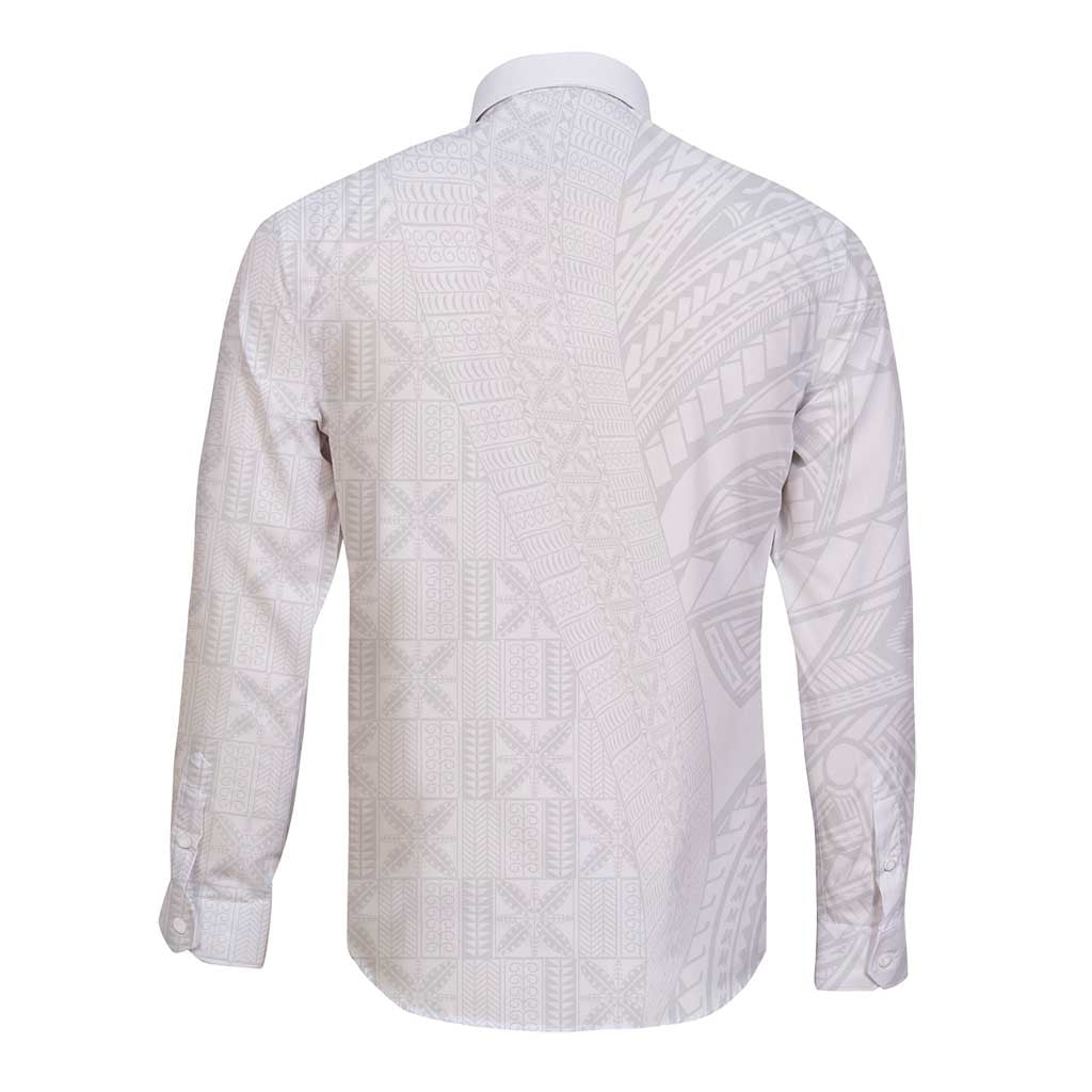 Niue White Sunday Long Sleeve Button Shirt Hiapo Tribal Art Tattoos - Polynesian Pride