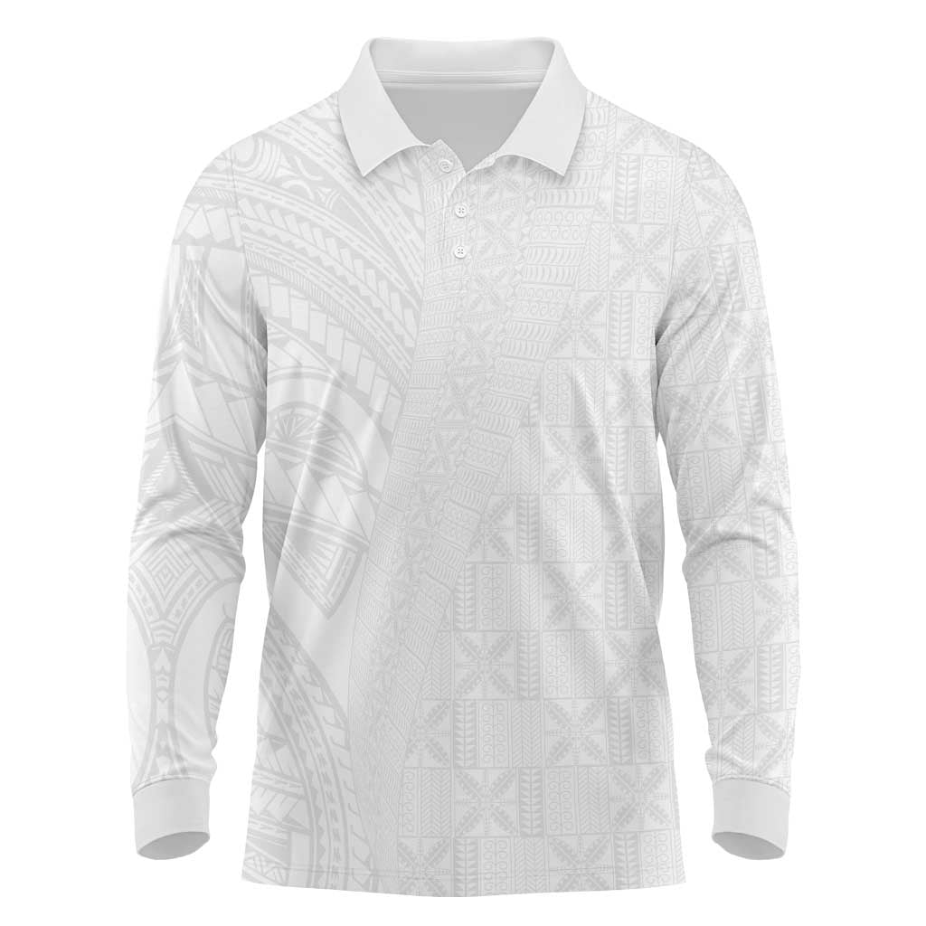 Niue White Sunday Long Sleeve Polo Shirt Hiapo Tribal Art Tattoos - Polynesian Pride