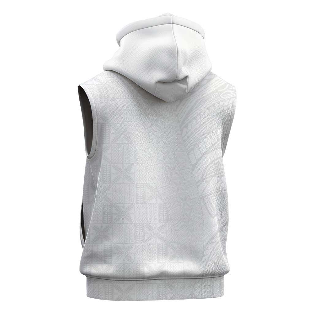 Niue White Sunday Sleeveless Zip Hoodie Hiapo Tribal Art Tattoos - Polynesian Pride