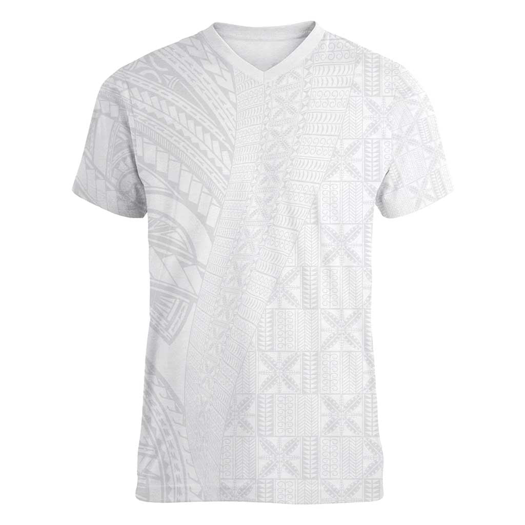 Niue White Sunday Women V-Neck T-Shirt Hiapo Tribal Art Tattoos - Polynesian Pride
