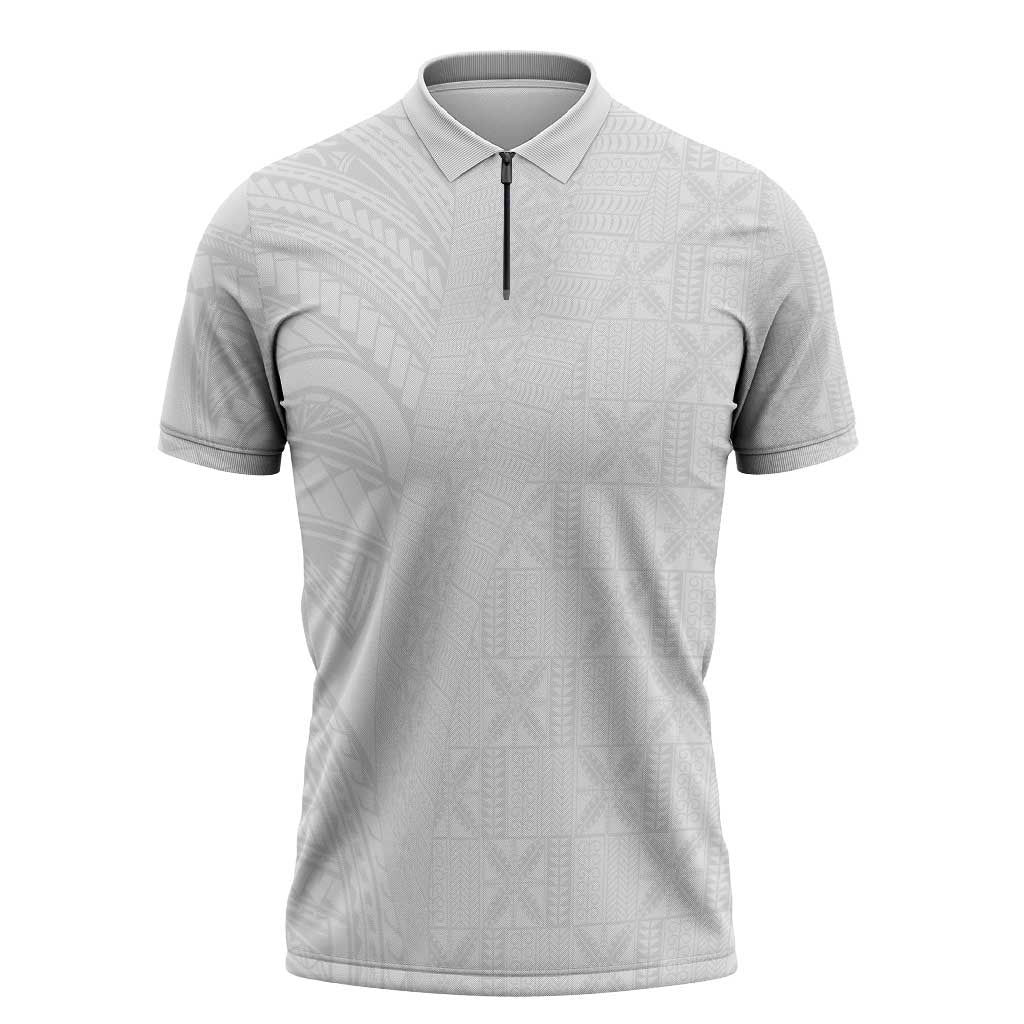 Niue White Sunday Zipper Polo Shirt Hiapo Tribal Art Tattoos - Polynesian Pride