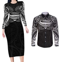 Super Samoan Traditional Tribal Art Tattoos Couples Matching Long Sleeve Bodycon Dress and Long Sleeve Button Shirt Black Color - Polynesian Pride