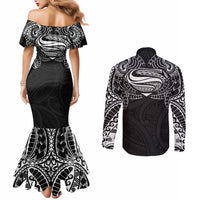 Super Samoan Traditional Tribal Art Tattoos Couples Matching Mermaid Dress and Long Sleeve Button Shirt Black Color - Polynesian Pride