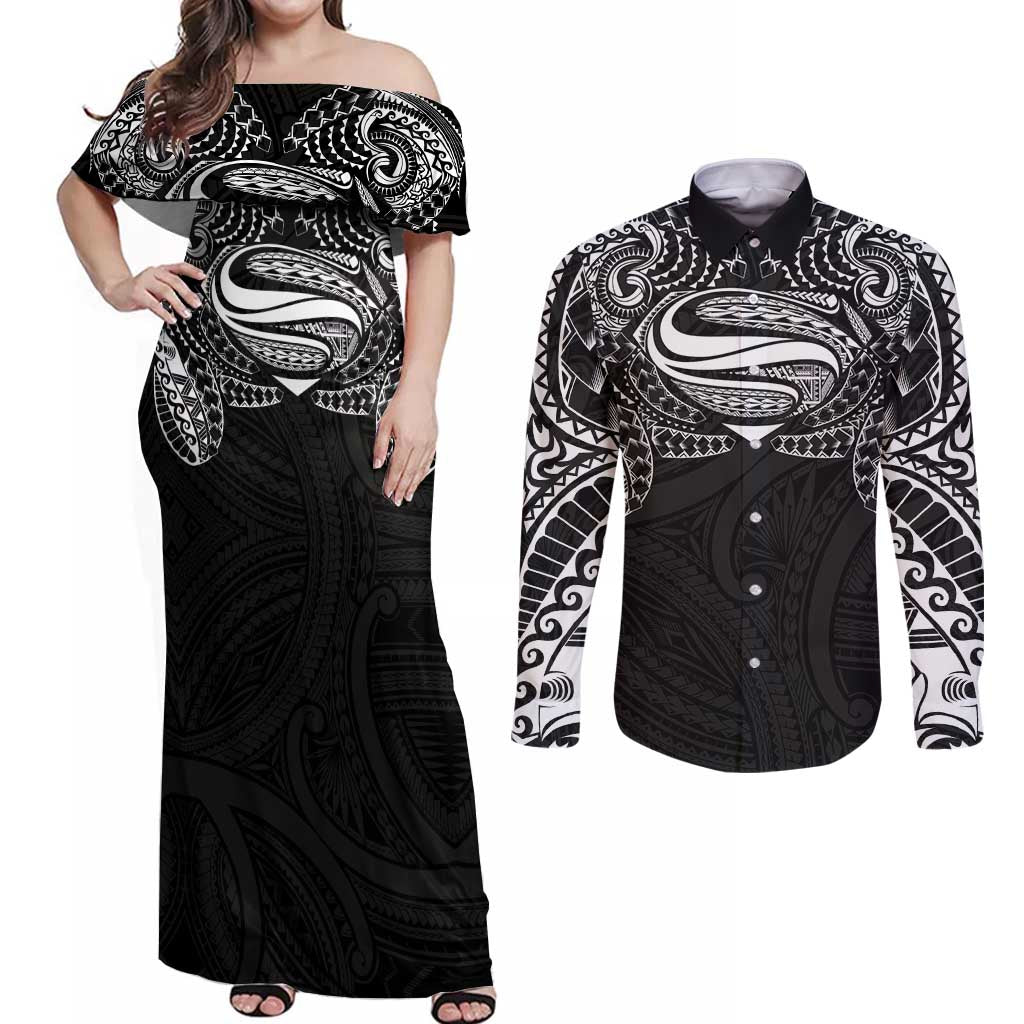 Super Samoan Traditional Tribal Art Tattoos Couples Matching Off Shoulder Maxi Dress and Long Sleeve Button Shirt Black Color - Polynesian Pride