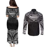 Super Samoan Traditional Tribal Art Tattoos Couples Matching Puletasi and Long Sleeve Button Shirt Black Color - Polynesian Pride