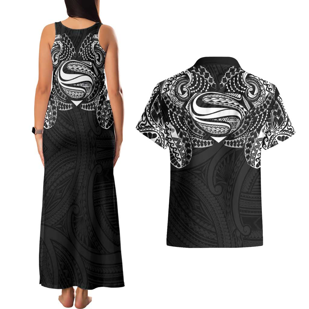 Super Samoan Traditional Tribal Art Tattoos Couples Matching Tank Maxi Dress and Hawaiian Shirt Black Color - Polynesian Pride