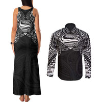 Super Samoan Traditional Tribal Art Tattoos Couples Matching Tank Maxi Dress and Long Sleeve Button Shirt Black Color - Polynesian Pride